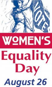 Graphic of a woman holding a "vote" flag with the words "Women's Equality Day August 26"