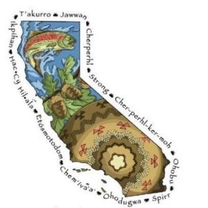 Graphic of the state of California with Native American designs and words