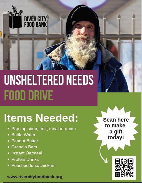Flyer listing food items, a man stands in front of a homeless shelter