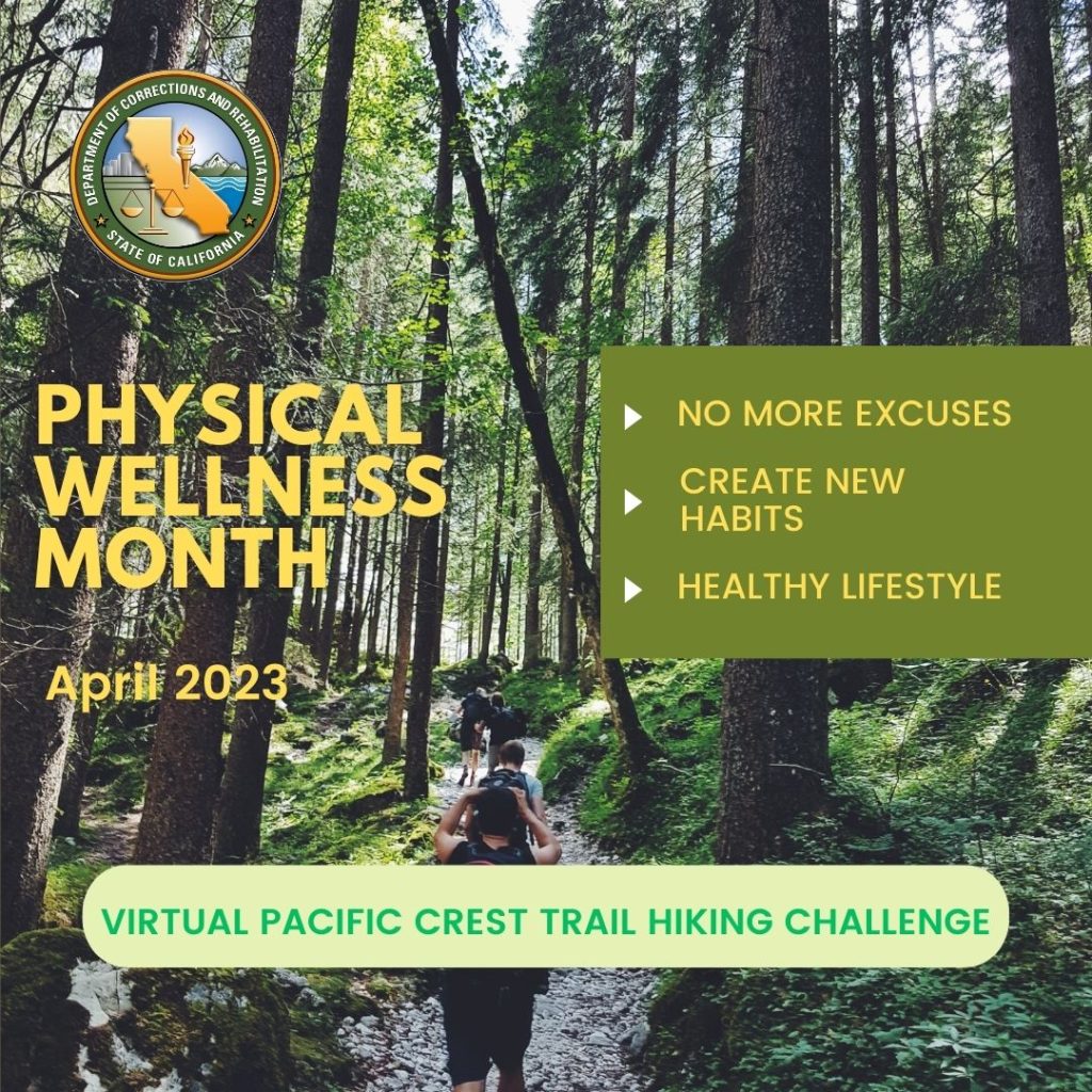 Picture of hikers in a forest with text that reads Physical Wellness Month"