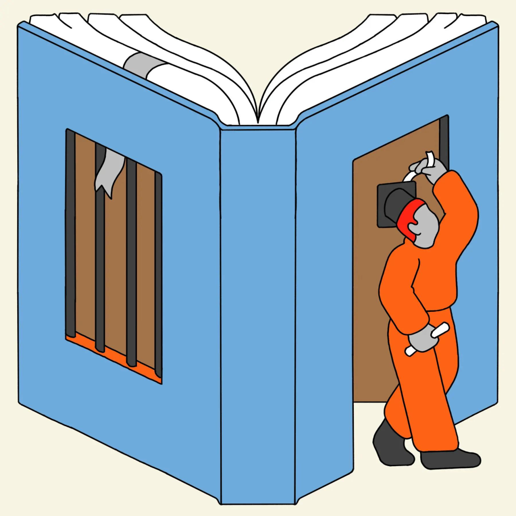 incarcerated person standing next to a book