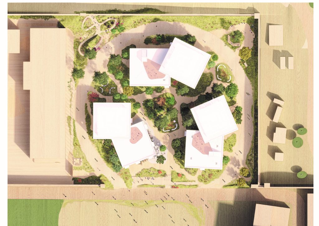 Bird's eye rendering of the three classrooms. 