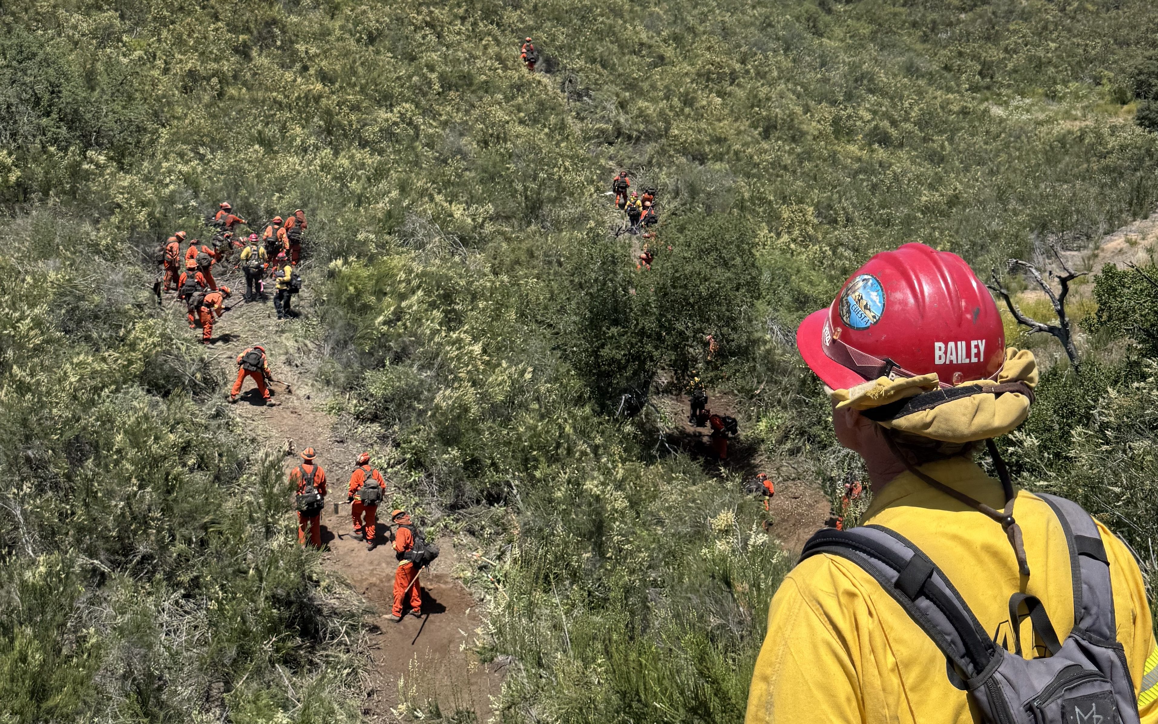 A Cal Fire trainer observes a CMC Cuesta Conservation Camp hand crew as they cut a fire line.